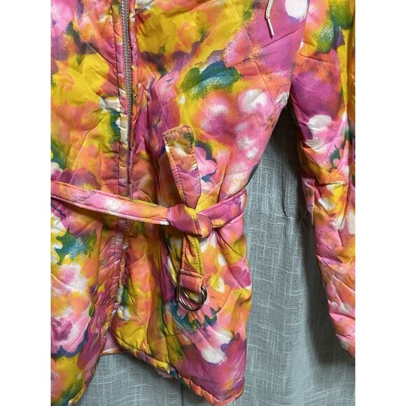 Vintage Suzie Belle Fashion Belted Hooded Lined Child Size 14 Bright Floral Coat - Picture 13 of 14